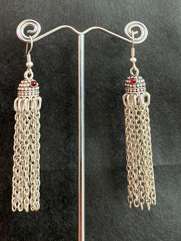 Turkish Silver Earrings - Tassel with Garnet